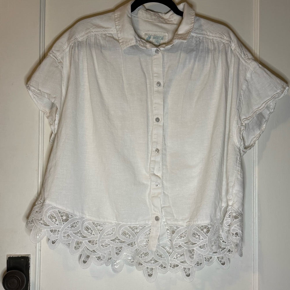 American Eagle Outfitters White Button Down Shirt with Lace Hem